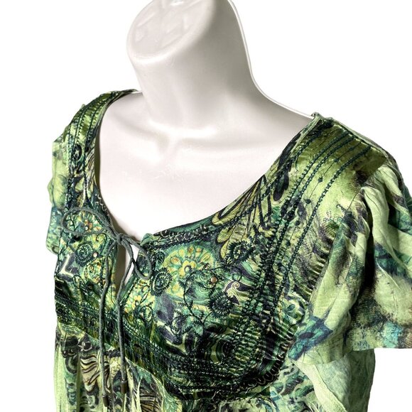 Womens Top Embroidered Bib Lace Back Tie Die Blouse u Green Size XL Boho Shirt E - Picture 3 of 7